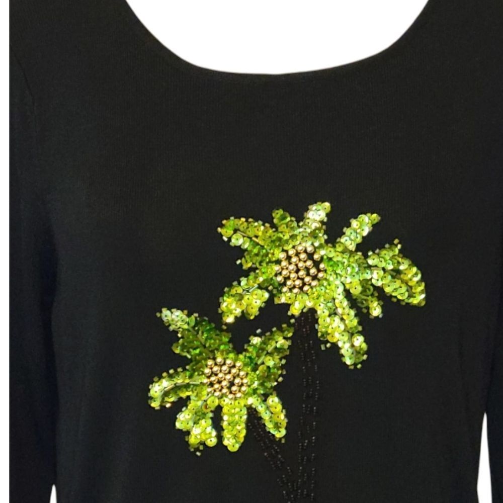 Lucia Burns Black Palm Tree Embellished 3/4 Sleeve Sweater Size L - Picture 5 of 9